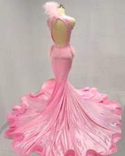 Beaded pink rhinestone satin mermaid prom dress, elegant long evening gown for women’s prom and special occasions.