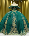 Emerald green off-shoulder princess quinceañera ball gown with corset bodice and full tulle skirt.