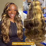 Blonde highlight lace frontal wig – 13x4 HD transparent curly body wave, 100% human hair pre-plucked with baby hair for women