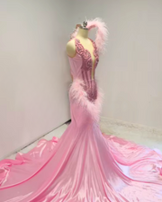 Beaded pink rhinestone satin mermaid prom dress, elegant long evening gown for women’s prom and special occasions.