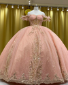 Blush pink quinceañera gown with gold beading, fitted bodice, and full princess skirt.