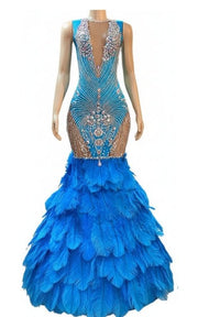 High-end party dress featuring crystal bodice and layered feather skirt