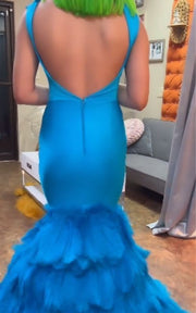 High-end party dress featuring crystal bodice and layered feather skirt