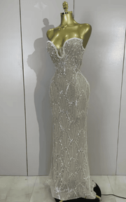 Amber Luxury Beaded Sequin Pearl Strapless Mesh Long Dress