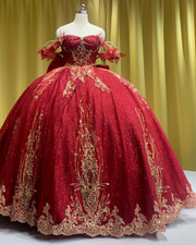 Scarlet red off-shoulder quinceañera dress with sparkling sequins and princess ball gown silhouette.