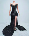 Black 3D flower applique prom dress with high split – elegant long gown for women.