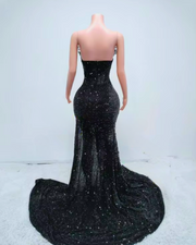 Black 3D flower applique prom dress with high split – elegant long gown for women.