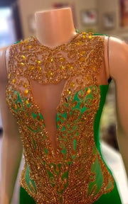 Red carpet ready gold crystal evening dress with dramatic train