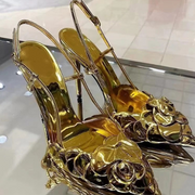 Fretwork High Heels Luxury Gold Flower Carving Slingback Sandals Stiletto