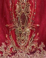 Royal red and gold glitter tulle quinceañera ball gown with fitted bodice and full skirt.