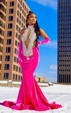 Luxury evening dress with rhinestone bodice and velvet gloves ensemble