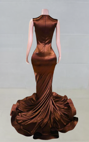 Shaine brown strapless sheer mesh mermaid gown for women formal night