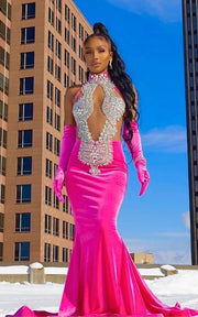 Luxury evening dress with rhinestone bodice and velvet gloves ensemble