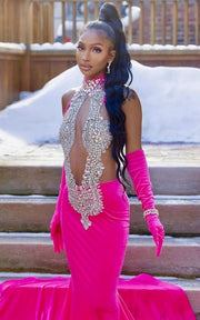 Luxury evening dress with rhinestone bodice and velvet gloves ensemble