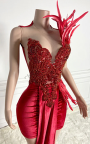 Red sparkly Short dress with rhinestone tube top, feather shoulder details, and long velvet hem – elegant evening gown for women