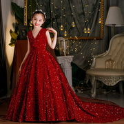 Wine Red Sequin Flower Girl Mermaid Dress: Long Puffy Formal