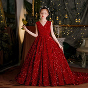 Wine Red Sequin Flower Girl Mermaid Dress: Long Puffy Formal