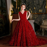 Wine Red Sequin Flower Girl Mermaid Dress: Long Puffy Formal