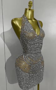 Candice Sparkly Rhinestone Backless Sheer Mesh Bodycon Mini Dress