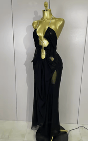 Amanda Sheer Mesh Halter Low Neck Backless Sleeveless Long Dress