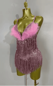 Sharmaine Sparkly Rhinestone Pink Feather Tassel Sheer Mesh Bodysuit