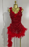 Jamilla Shiny Sequin Red Flower Feather Stretch Bodysuit Birthday Dress