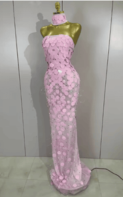 Karina Sparkly Pink Sequin Rhinestone Strapless Maxi Long Dress