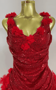 Jamilla Shiny Sequin Red Flower Feather Stretch Bodysuit Birthday Dress