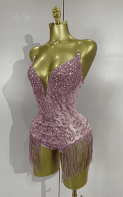Sophia Sparkly Pink Rhinestone Tassel Sheer Mesh Bodysuit