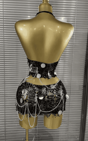 Rinah Sparkly Sequin Chain Two Piece Birthday Mini Dress Set