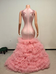 Zuri Pink Crystal Mermaid Prom Dress With Dramatic Ostrich Feather Train - Ready to Ship
