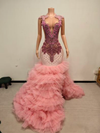 Zuri Pink Crystal Mermaid Prom Dress With Dramatic Ostrich Feather Train - Ready to Ship