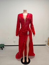 Zoe Red Rhinestone Prom Dress with gloves -Ready to Ship