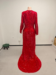 Zoe Red Rhinestone Prom Dress with gloves -Ready to Ship