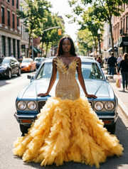 Sexy Gold Sequin Crystal Beading Mermaid Prom Dress Ruffles