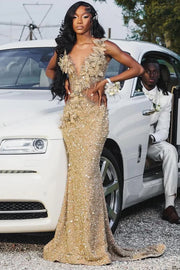 Exquisite gold sequined prom dress for women, elegant evening gown.