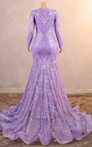 Luxury prom gown featuring long sleeves and intricate silver embellishment