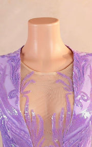 Luxury prom gown featuring long sleeves and intricate silver embellishment