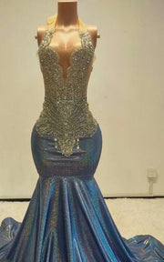 Luxury prom dress featuring deep V neckline and reflective train