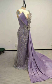 Lavender Crystal-Encrusted Mermaid Gown With Architectural Satin Drape And Silver Leaf Embroidery