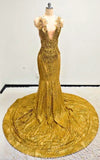 Radiant gold sequin mermaid gown with 3D gilded leaf appliqués, illusion plunging neckline, and circular cathedral train