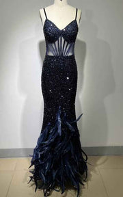 Midnight Sapphire Sequin Mermaid Gown With Illusion Corset And Ostrich Feather Hem
