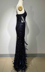 Midnight Sapphire Sequin Mermaid Gown With Illusion Corset And Ostrich Feather Hem