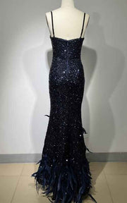 Midnight Sapphire Sequin Mermaid Gown With Illusion Corset And Ostrich Feather Hem