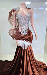 Brown velvet mermaid gown with silver filigree bodice and crystal fringe detail
