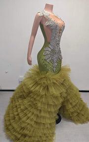 Mermaid prom gown with silver Art Deco crystal bodice, high slit, and tiered tulle ruffle skirt
