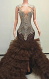 Mermaid prom gown with silver Art Deco crystal bodice, high slit, and tiered tulle ruffle skirt