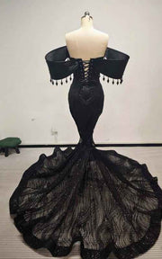 Midnight Noir Sequin Mermaid Gown With Dropped Tassel Sleeves And Cathedral Train