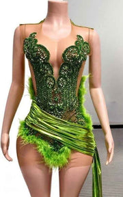 Crystal Embellished Illusion Suit With Feather Accents And Floor Length Sash