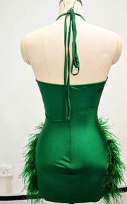 Luxury Beaded Halter Mini Dress With Ostrich Feather Trim Cocktail Party Dress